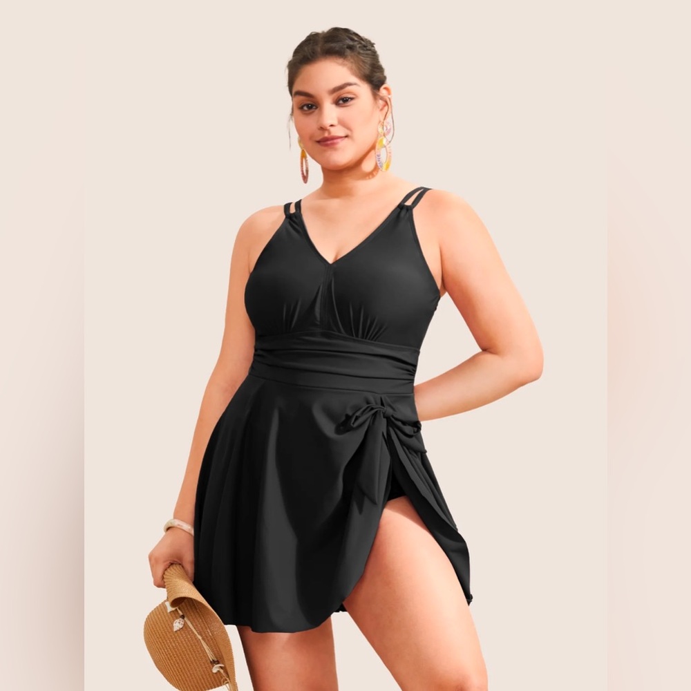 Like New Bloomchic Black Plain Gathered Knot Adjustable Straps Swim Dress skirt